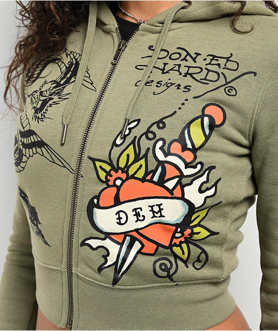 Ed Hardy Dragon Dagger Olive Crop Zip Hoodie Product Image