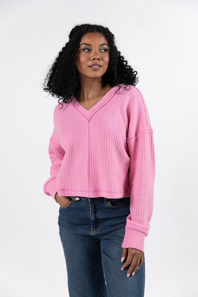 Living Right Pink Ribbed V-Neck Knit Top FINAL SALE Product Image