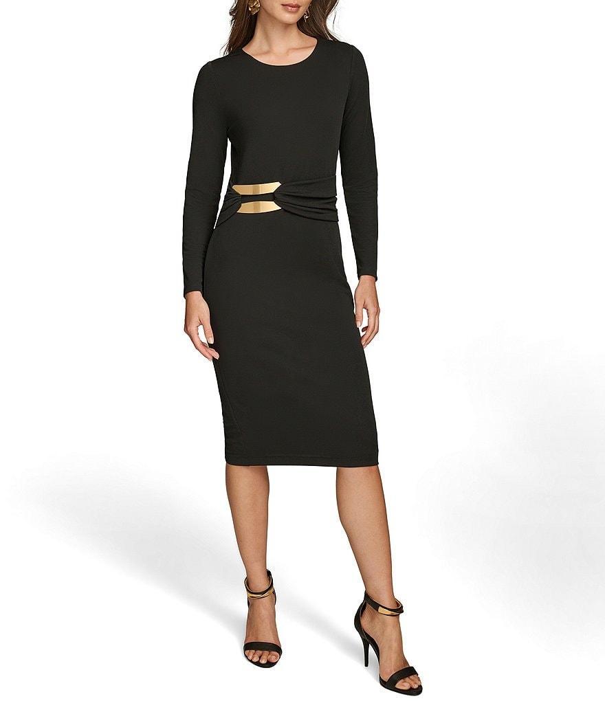 Donna Karan Crew Neck Long Sleeve Hardware Detail Dress Product Image