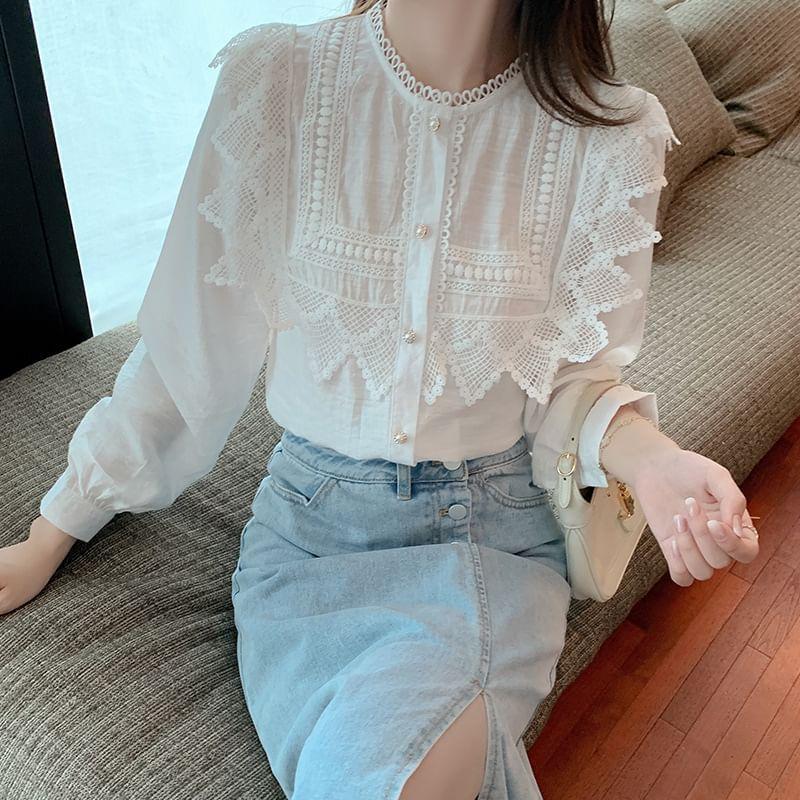 Long Sleeve Ruffle Neck Button Up Blouse Product Image