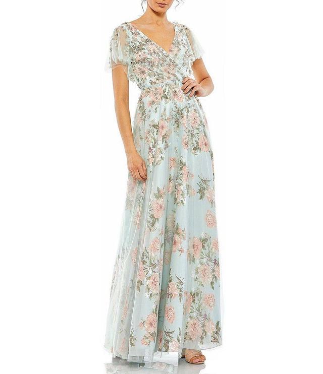 Mac Duggal Floral Surplice V-Neck Short Flutter Sleeve A-Line Gown Product Image