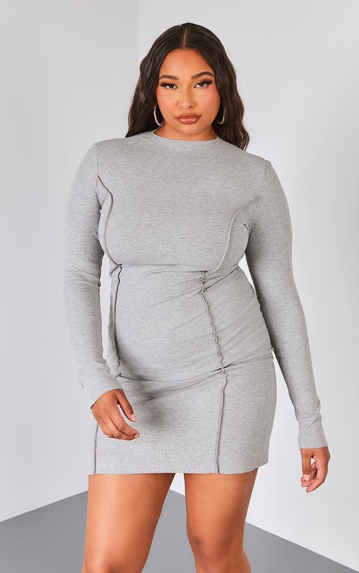 Plus Grey Ribbed Long Sleeve Seam Detail Bodycon Dress product image