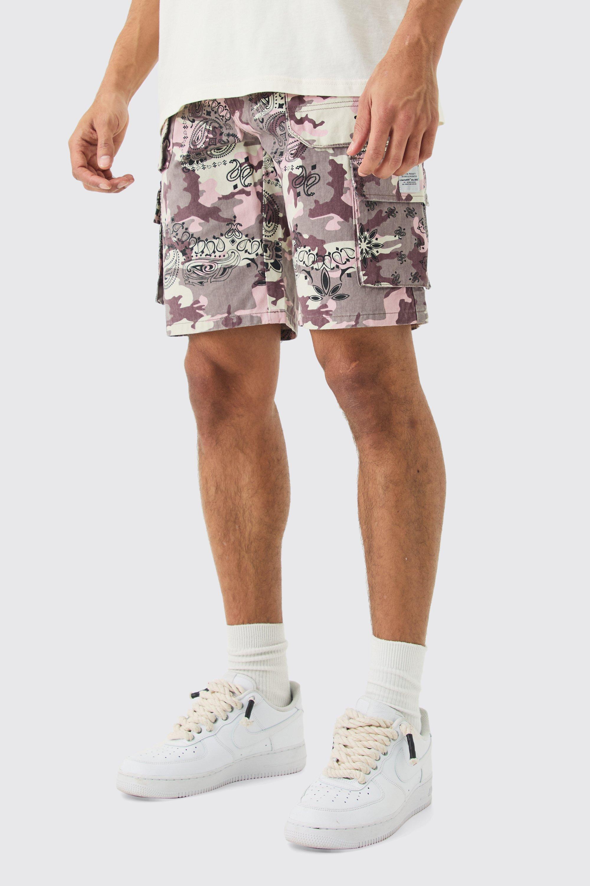 Fixed Waist Woven Tab Bandanna Camo Relaxed Cargo Shorts | boohooMAN USA Product Image