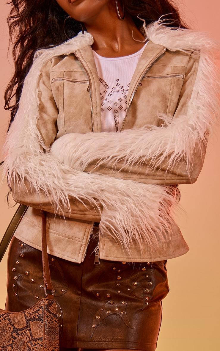 Cream Faux Fur Trim Contrast Faux Leather Zip Up Jacket Product Image