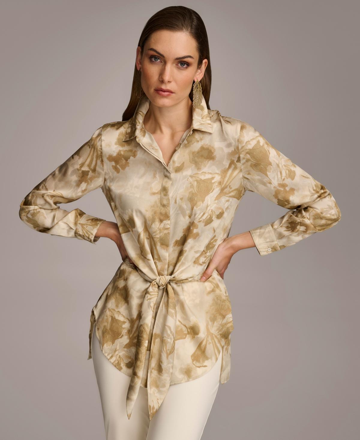 Donna Karan Womens Printed Tie-Waist Blouse Product Image