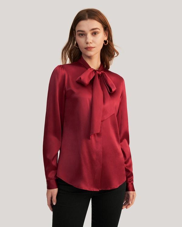 Women Bow-tie Neck Silk Blouse Product Image