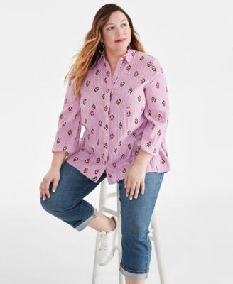 Plus Size Ikat Icon Tiered Long-Sleeve Shirt, Created for Macy's Product Image