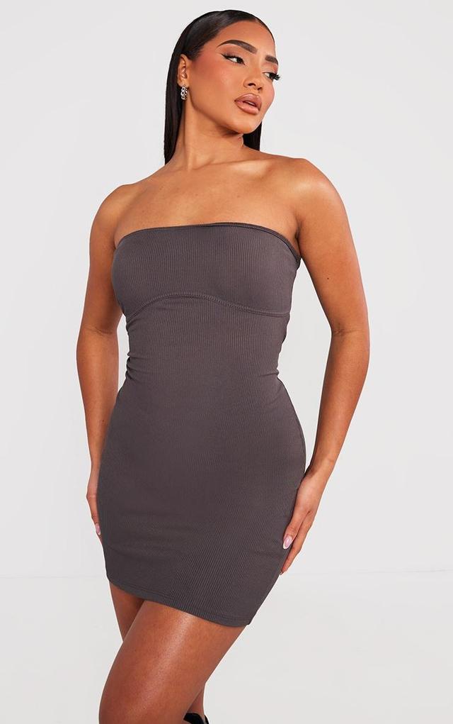 Charcoal Grey Ribbed Bandeau Underbust Detail Bodycon Dress Product Image