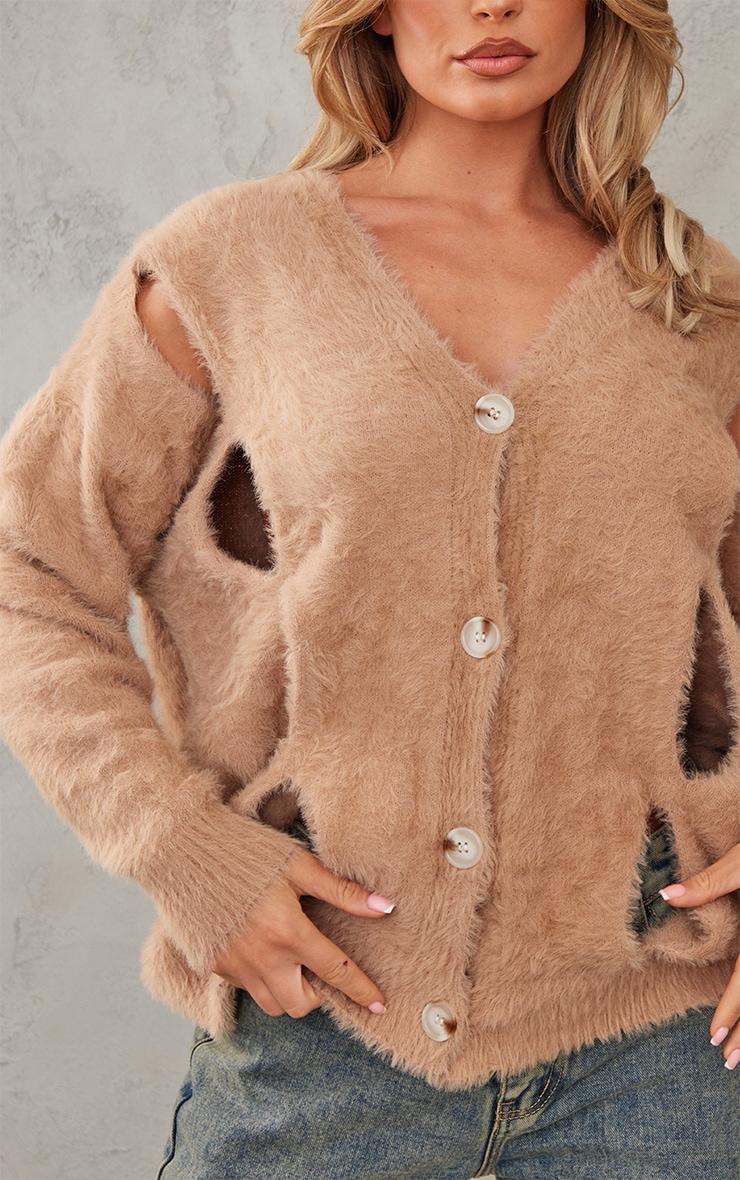 Mocha Eyelash Knit Cut Out Oversized Cardigan Product Image