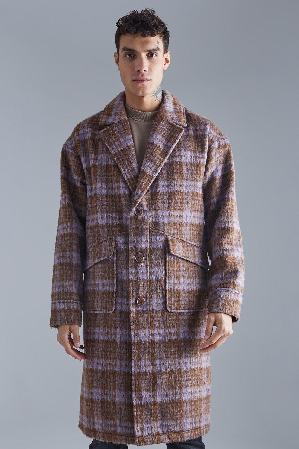 Single Breasted Brushed Check Overcoat | boohooMAN USA Product Image