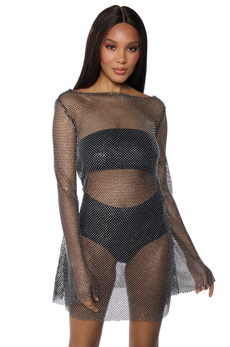 SHE ALL THAT RHINESTONE MESH MINI DRESS IN BLACK Product Image