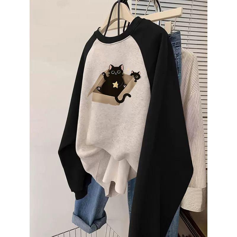 Round Neck Cat Print Raglan Sweatshirt Product Image