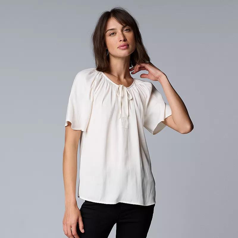 Womens Simply Vera Vera Wang Shirred Tie Neck Short Sleeve Blouse Product Image