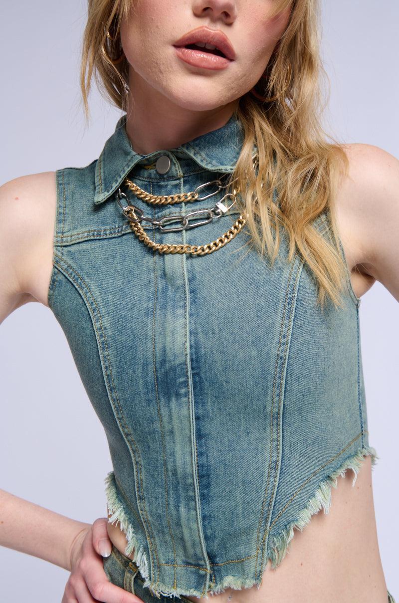 STERLING SLEEVELESS DENIM COLLARED TOP Product Image