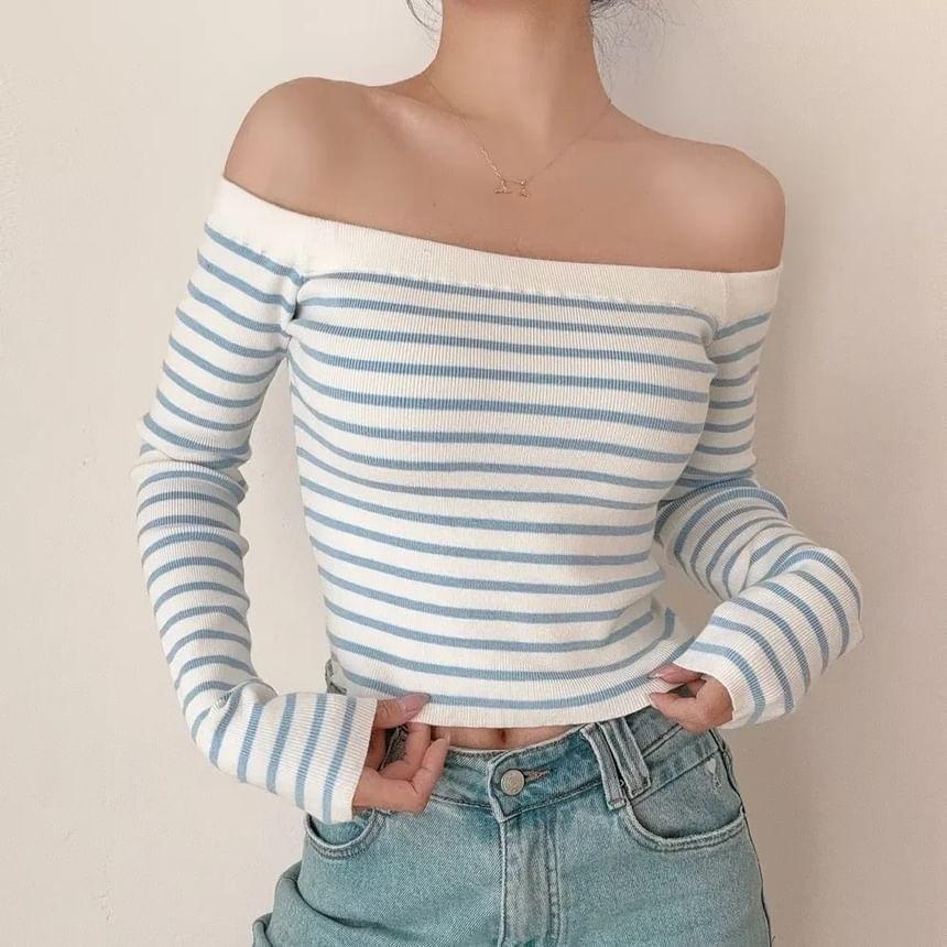 Long-Sleeve Off Shoulder Striped Crop Knit Top Product Image