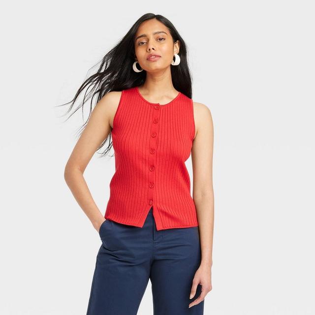 Womens Crewneck Button-Down Vest - A New Day Red L Product Image