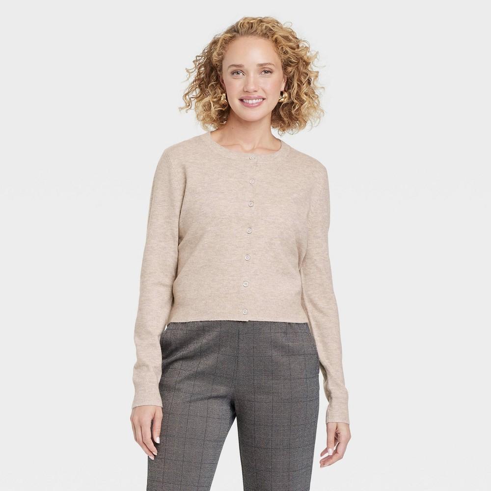 Womens Cozy Knit Cardigan - A New Day Taupe L Product Image