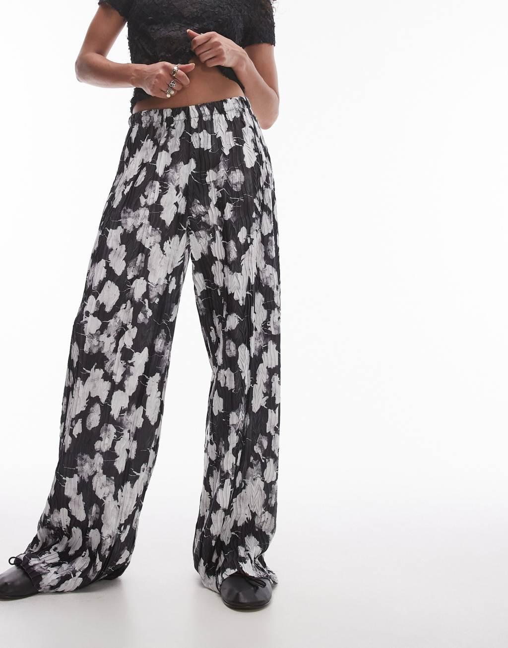 Topshop blurred floral crinkle plisse wide leg pants in mono Product Image