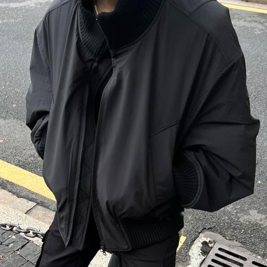 High Neck Plain Zip-Up Bomber Jacket Product Image