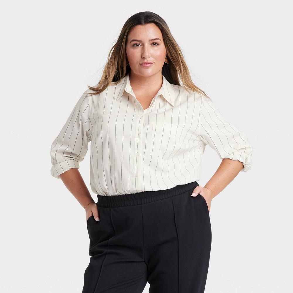 Womens Slim Fit Boyfriend Tailored Long Sleeve Button-Down Shirt - A New Day Cream/Black Pinstripe 1X Product Image