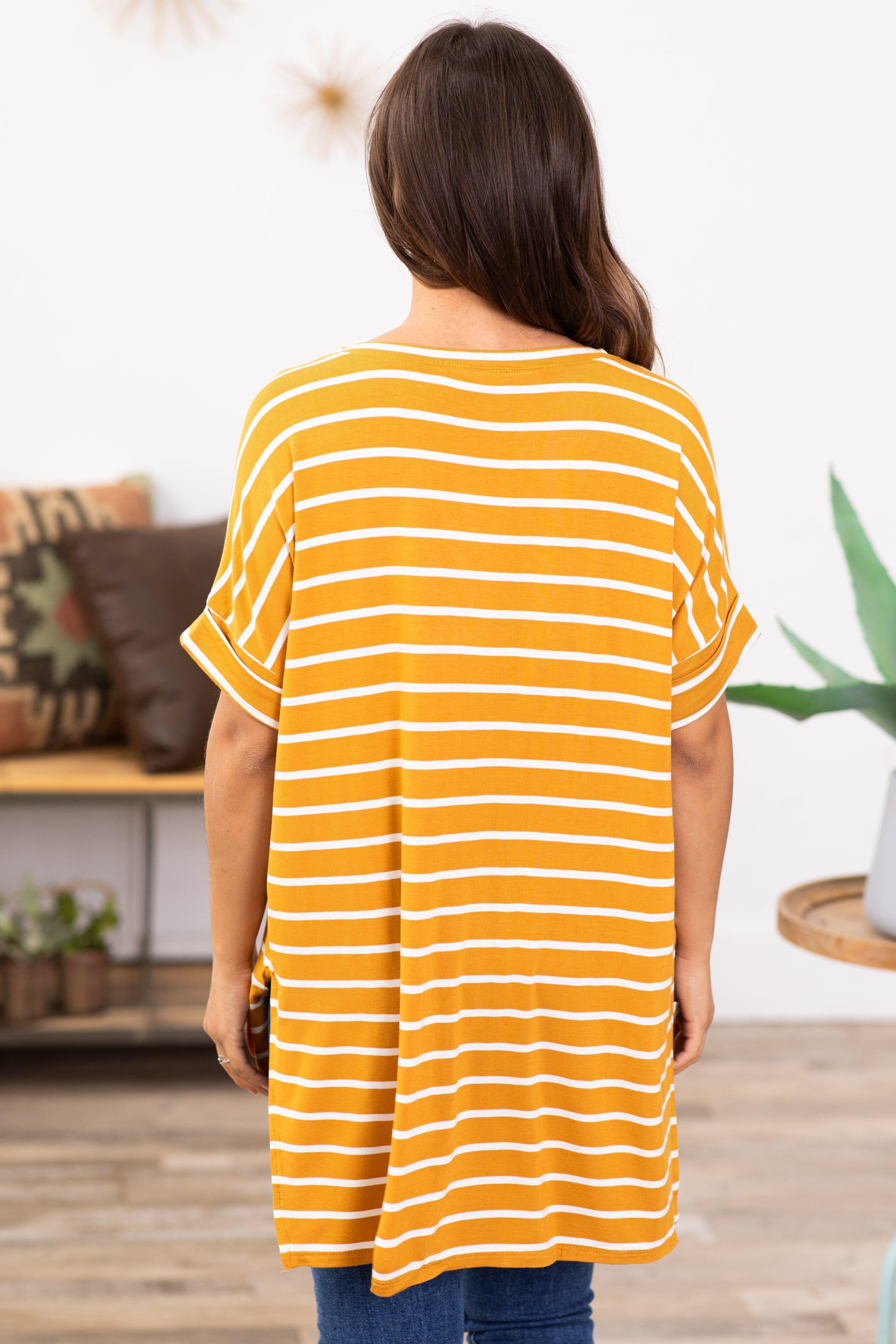 Mustard and Off White Stripe V-Neck Top Product Image