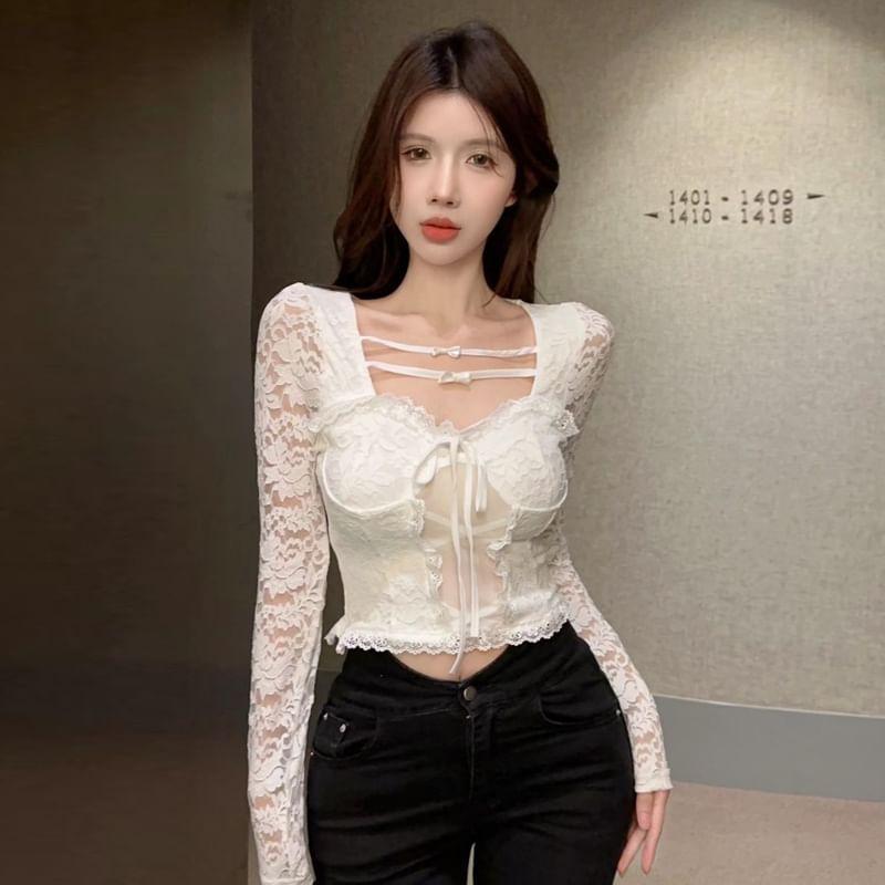 Long Sleeve Square Neck Lace Trim Bowknot Crop Top Product Image