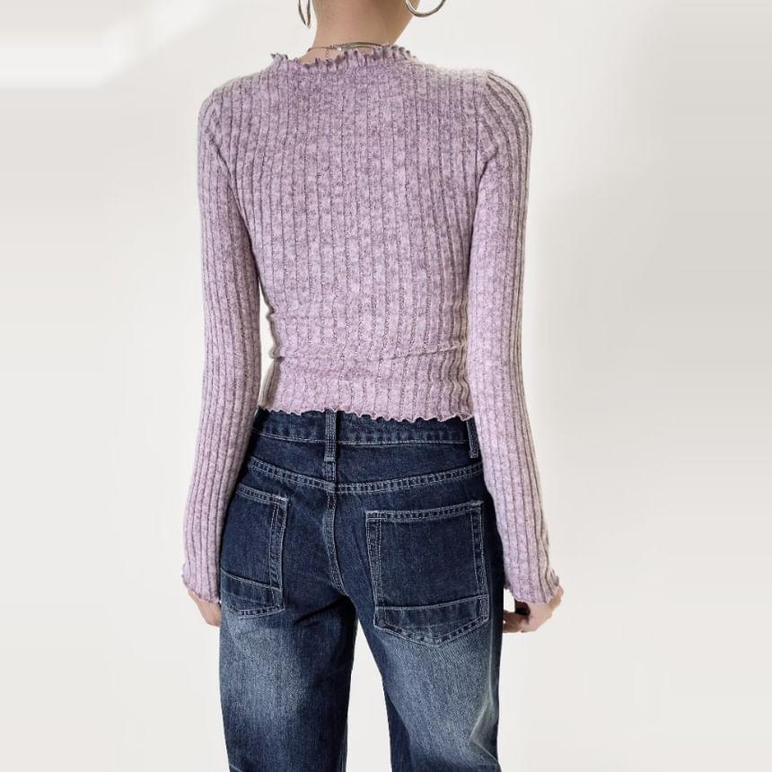 Long Sleeve V-Neck Plain Ribbed Lace-Up Crop Top Product Image