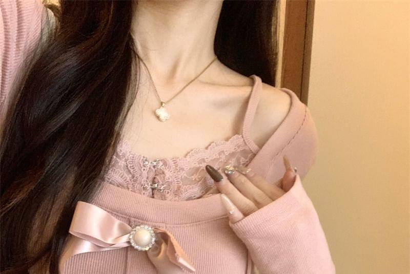 Long-Sleeve Scoop Neck Mock Two-Piece Lace Panel Bow Accent Slim Fit Crop T-Shirt Product Image