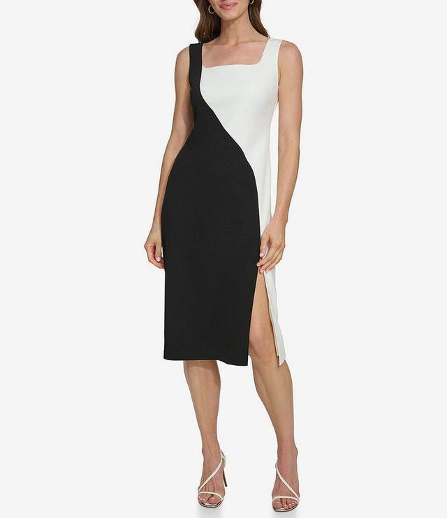 DKNY Scuba Crepe Colorblock Square Neck Sleeveless Front Slit Sheath Dress Product Image