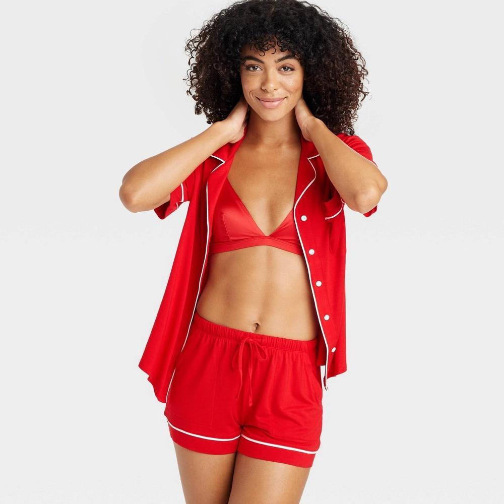 Women's Cloud Knit Short Sleeve Top and Shorts Pajama Set - Auden™ Red XS Product Image