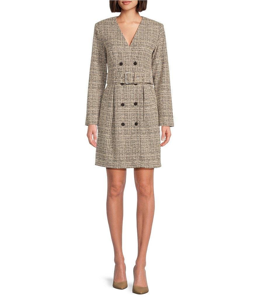 Calvin Klein Tweed Long Sleeve V-Neck Belted Pocketed Jacket Dress Product Image