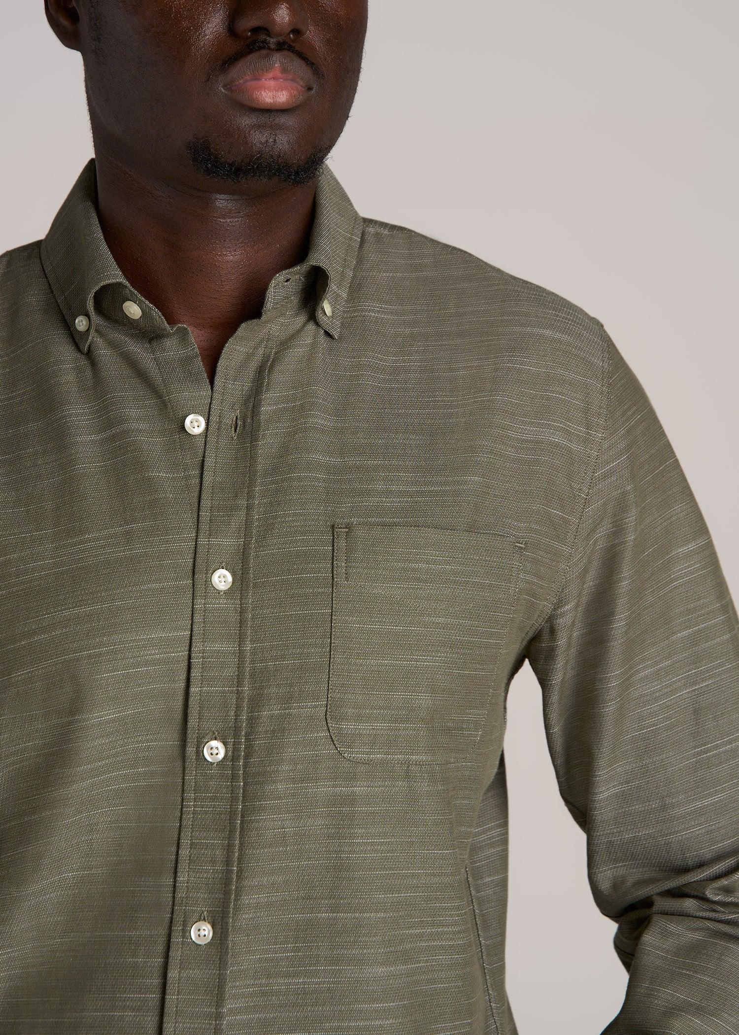 Textured Weave Cotton Button-Up Shirt for Tall Men in Olive Male Product Image