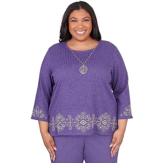 Plus Size Alfred Dunner Embroidery Trimmed 3/4-Sleeve Top with Necklace, Womens Purple Product Image