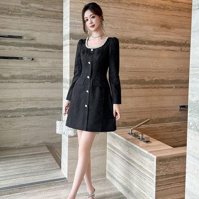 Long-Sleeve Square Neck Faux Pearl Button Mini A-Line Dress Product Image