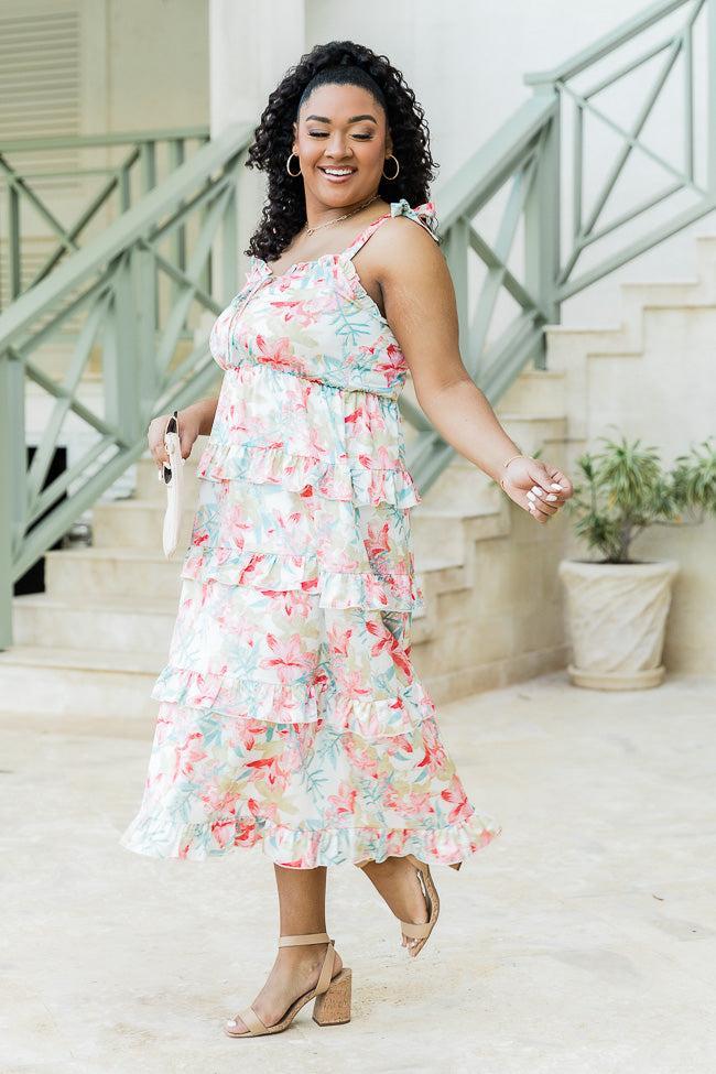 Stay In Paradise Floral Tiered Satin Midi Dress FINAL SALE Product Image