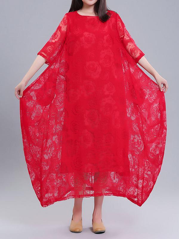 A-Line Half Sleeves Flower Print See-Through Solid Color Round-Neck Midi Dresses Product Image