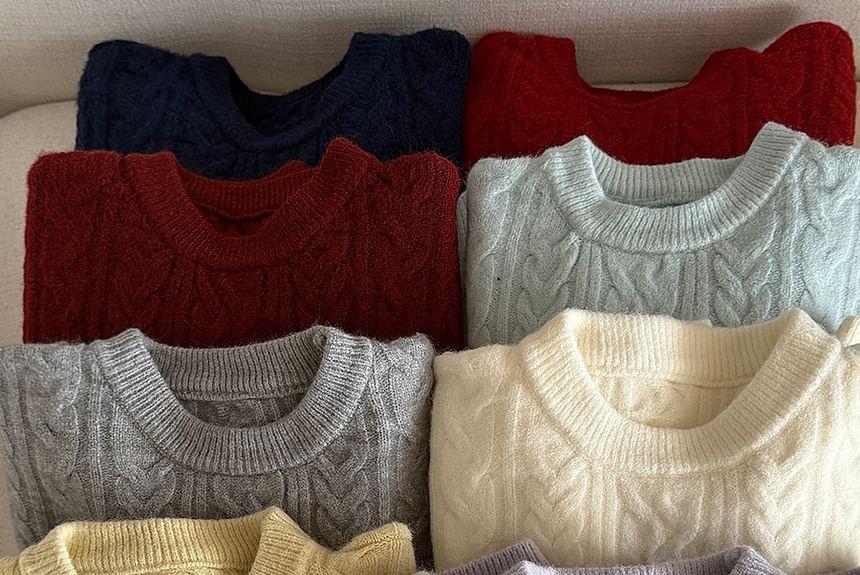 Crew Neck Plain Cable Knit Sweater product image