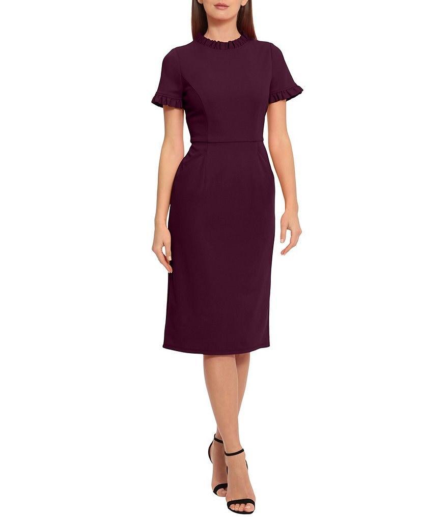 Maggy London Ruffle Mock Neck Short Sleeve Stretch Crepe Midi Pencil Sheath Dress Product Image