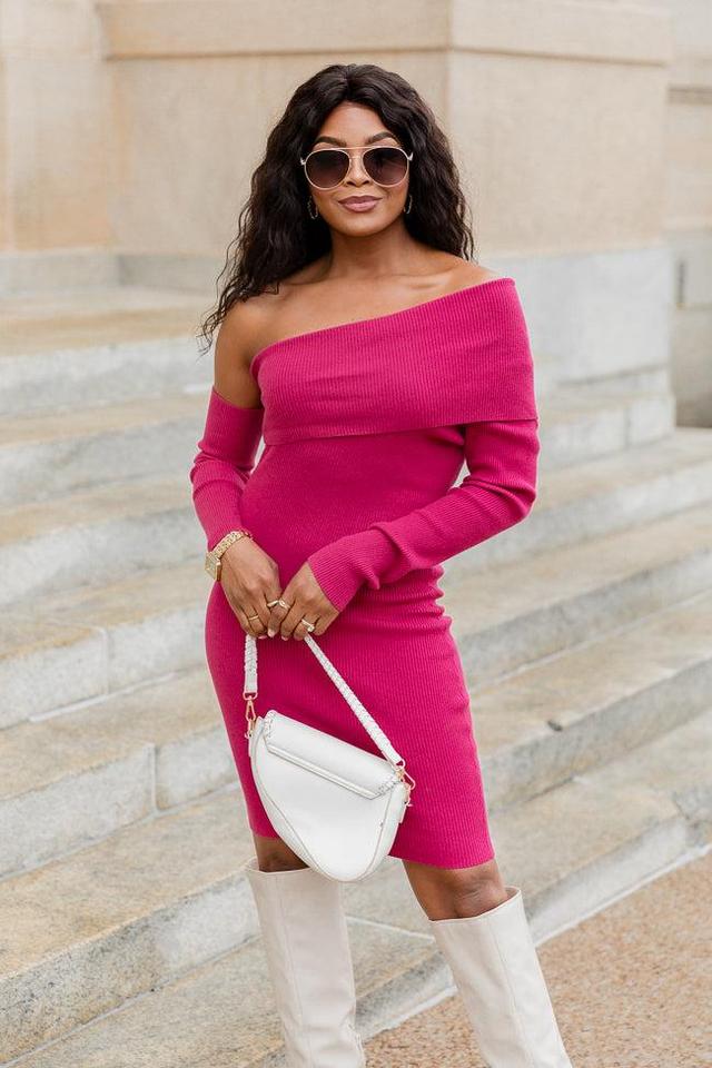 Heading Uptown Magenta Asymmetrical Mini Sweater Dress FINAL SALE Product Image