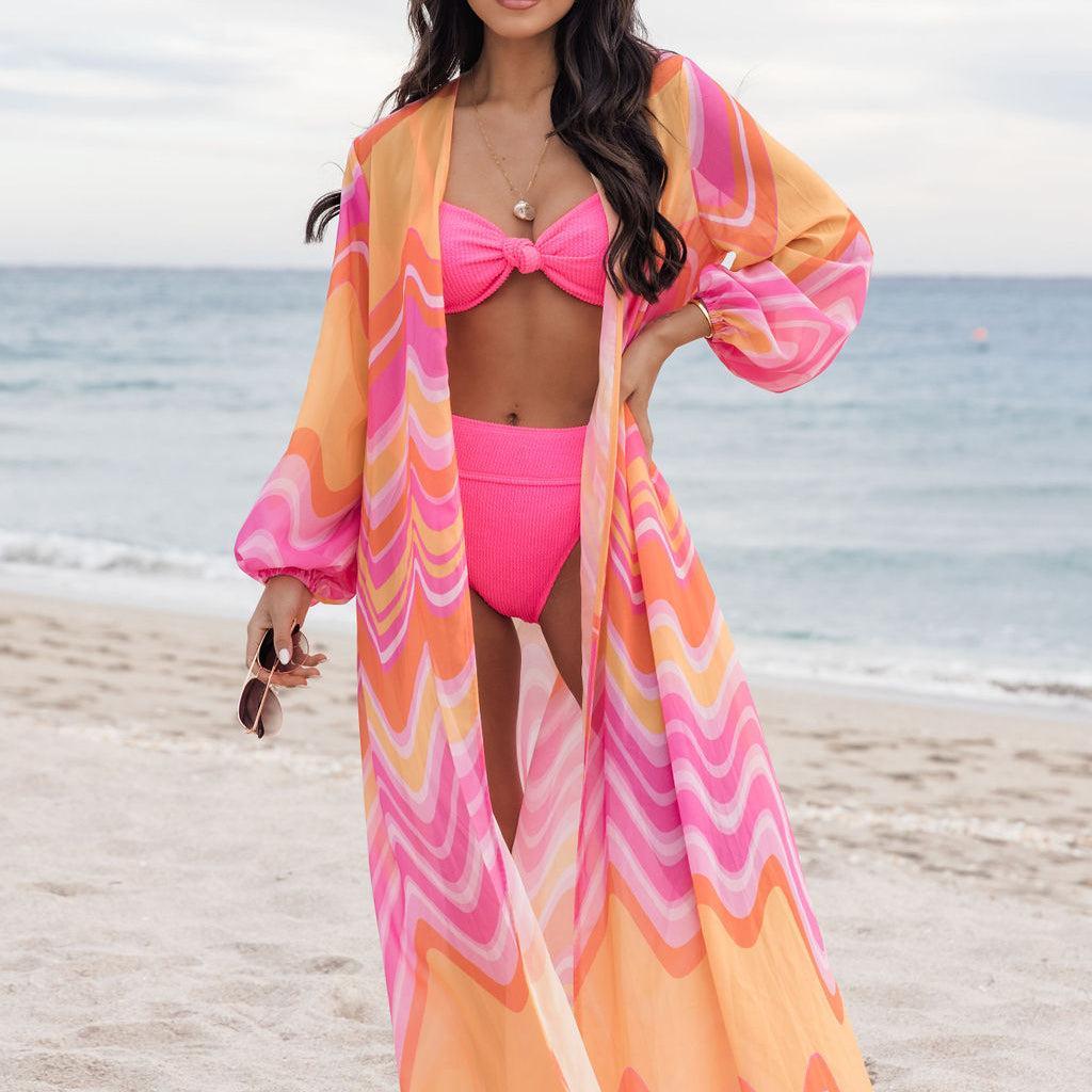 Eyes On Paradise in Serenity Swirl Pink and Orange Swirl Belted Kimono Cover Up Product Image