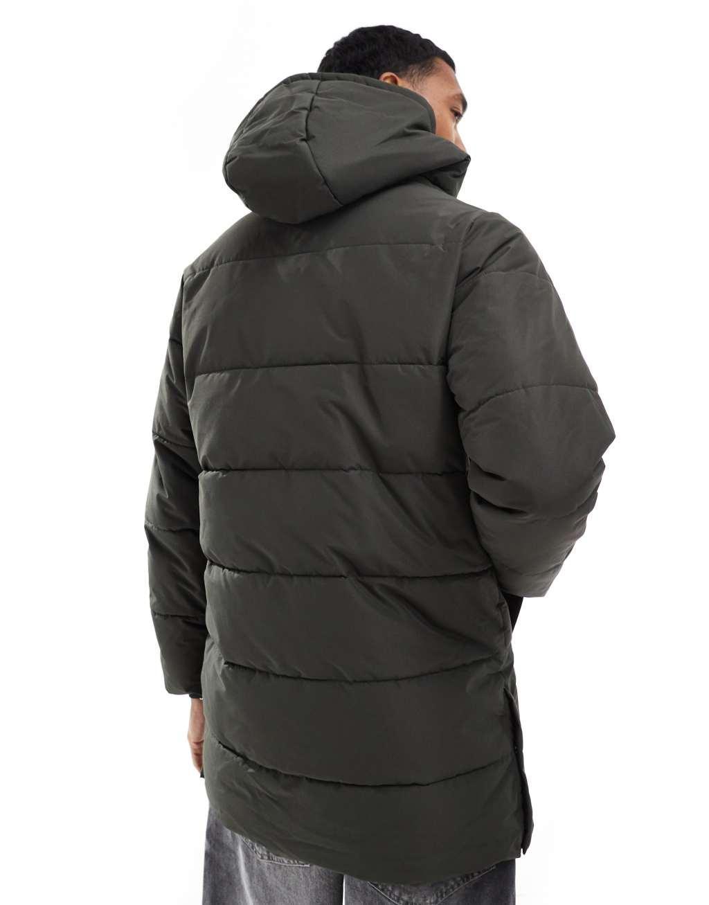 ONLY & SONS longline quilted coat with hood in dark green Product Image