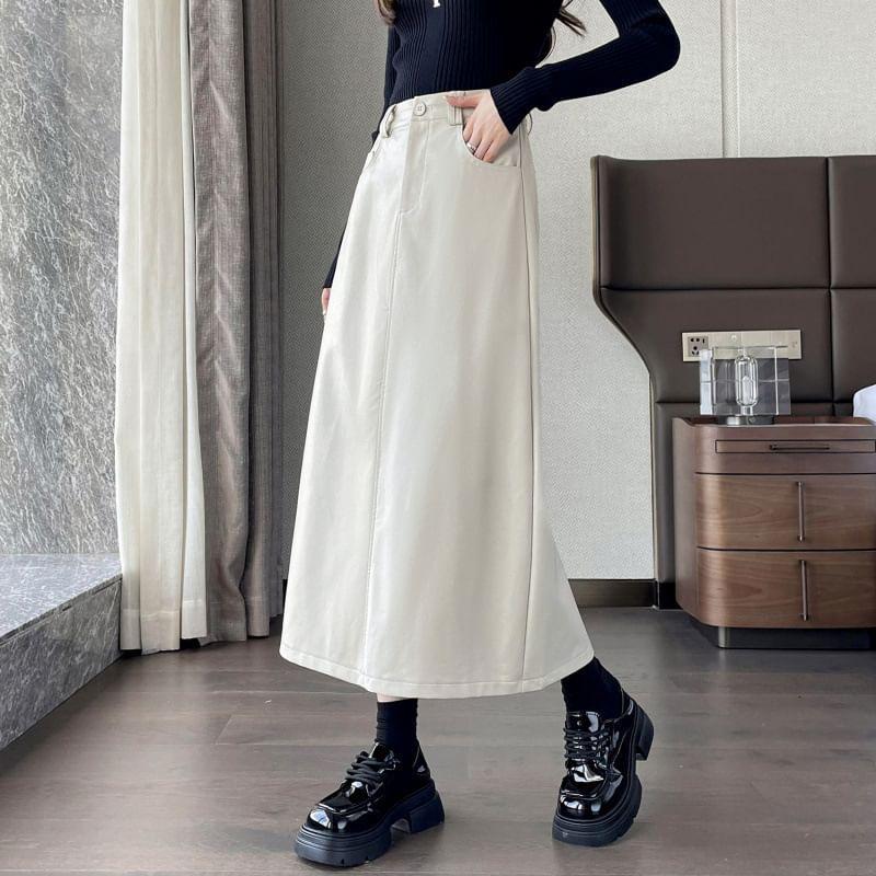 High Waist Plain Slit Faux Leather Midi A-Line Skirt Product Image