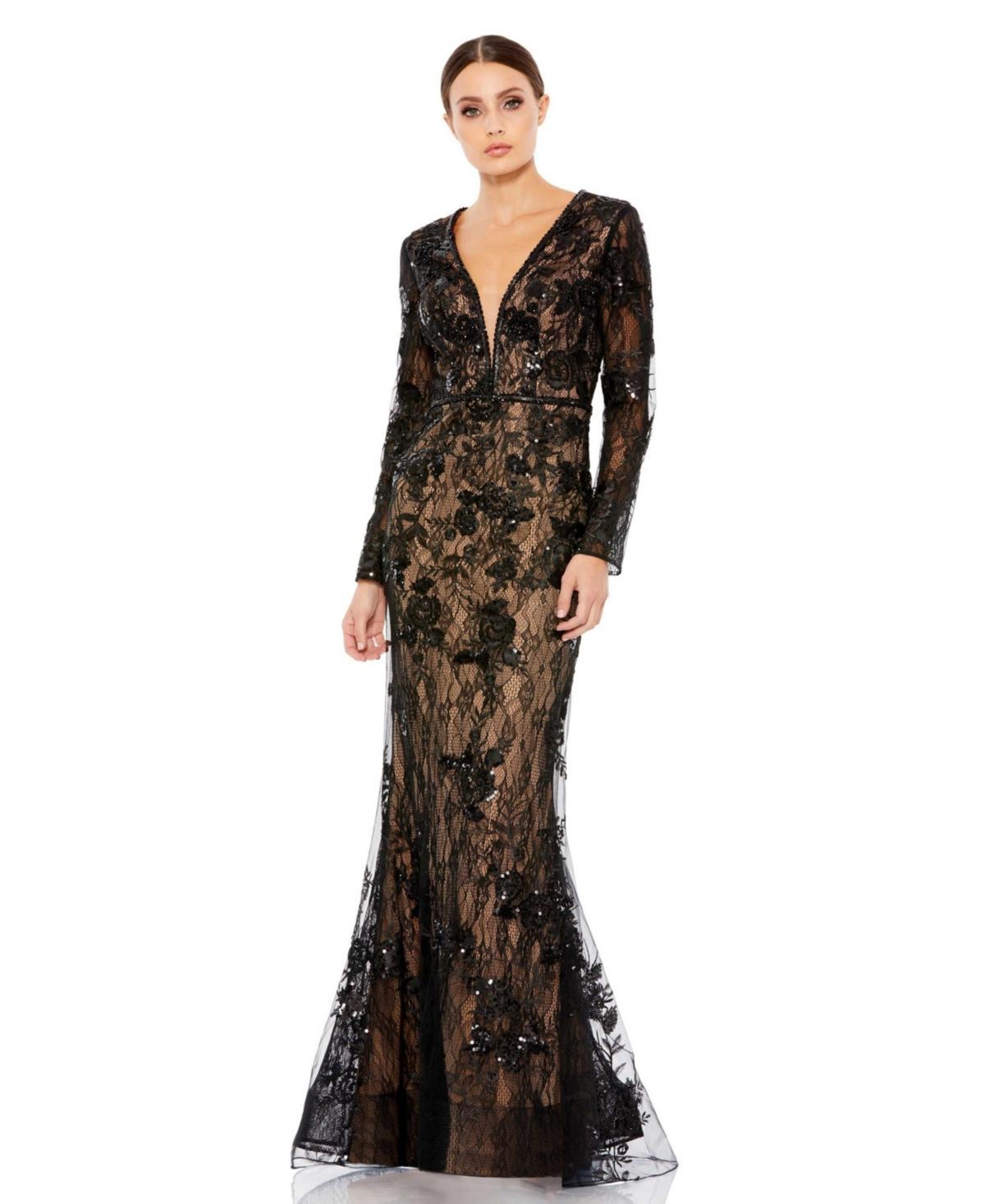 Mac Duggal Plunge Neck Sequin Long Sleeve Mermaid Gown Product Image