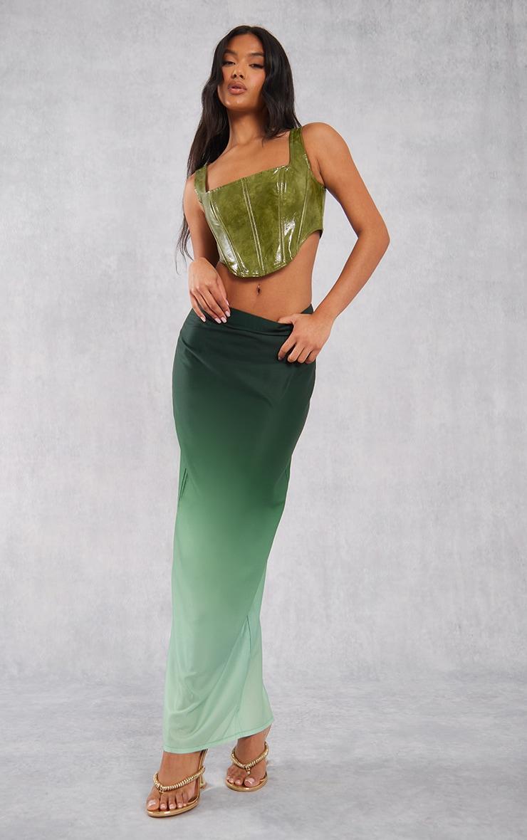 Dark Green Ombre Print Satin Mid Rise Maxi Skirt Product Image