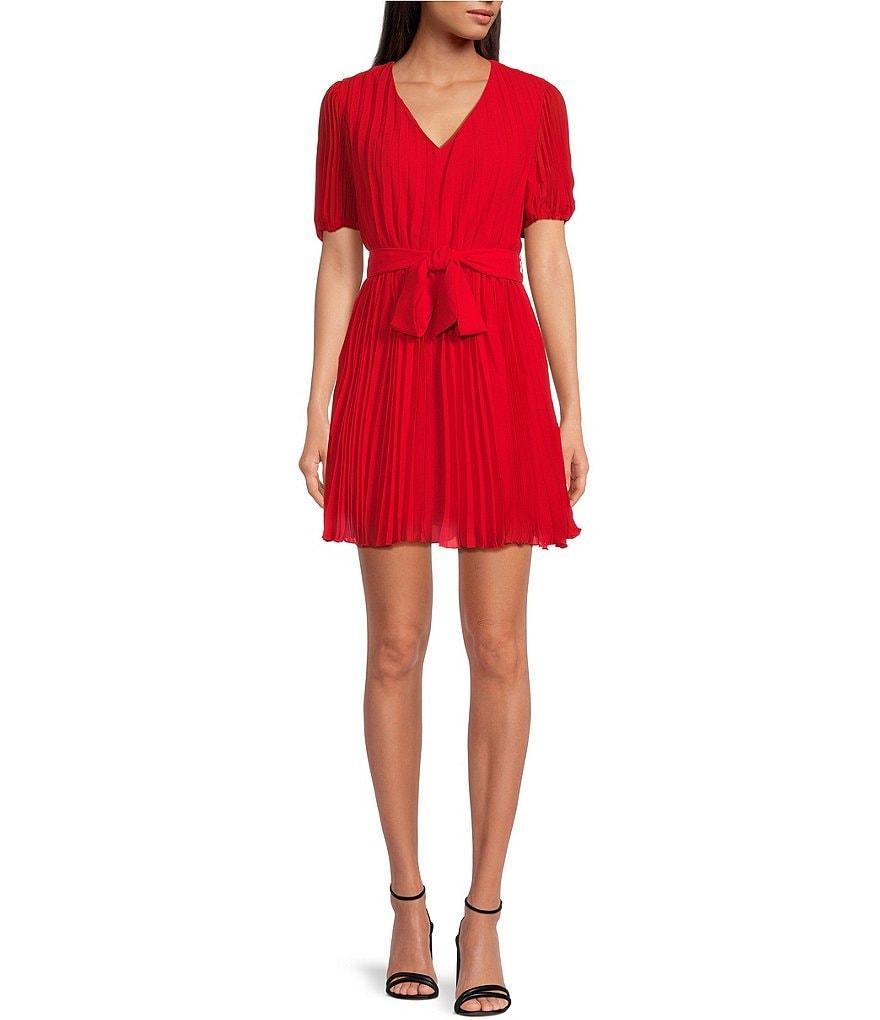 Sam Edelman Pleated V-Neck Tie Waist Short Sleeve Mini Dress Product Image