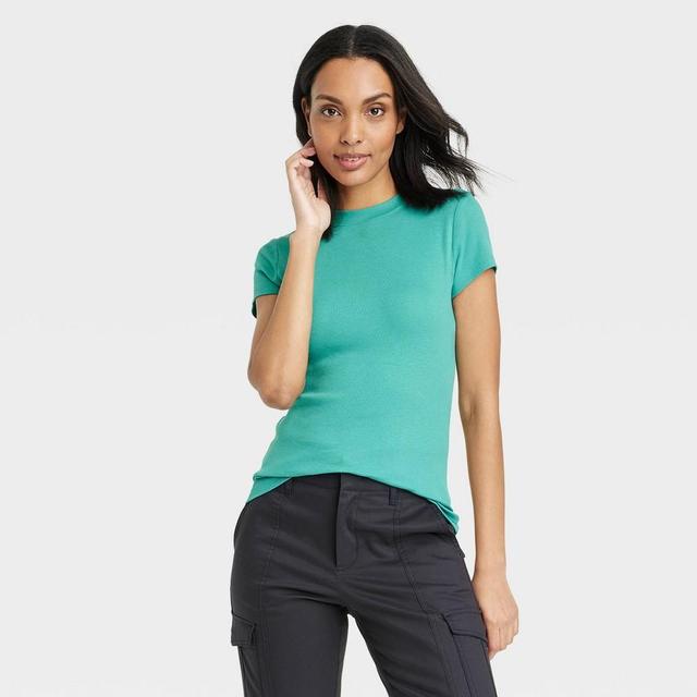 Womens Slim Fit Short Sleeve Ribbed T-Shirt - A New Day Dark Teal M Product Image