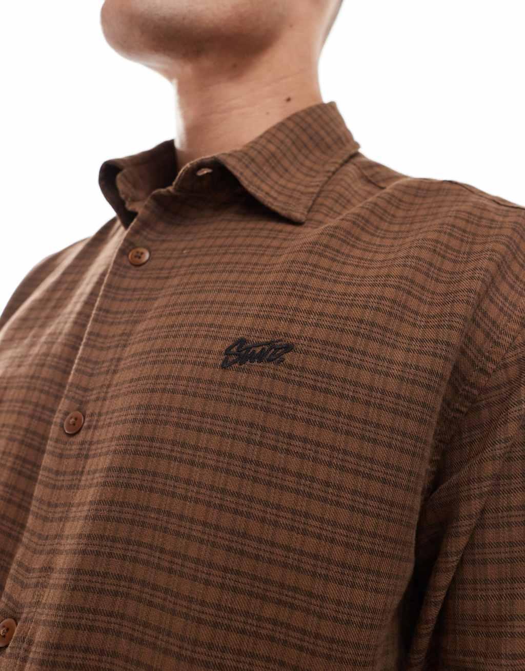 Pull&Bear mini check long sleeve shirt in brown Product Image