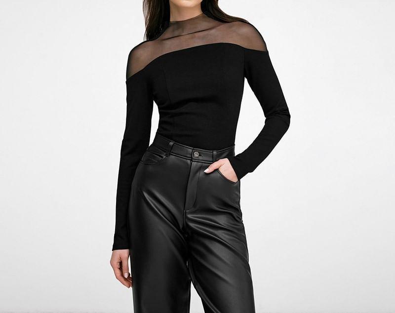 Long-Sleeve Mock Neck Plain Mesh Panel T-Shirt Product Image