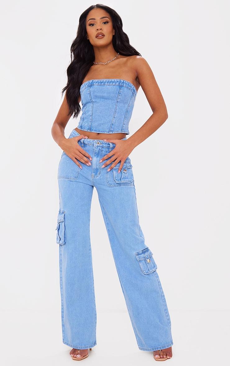 Tall Light Blue Wash Denim Corset Top Product Image