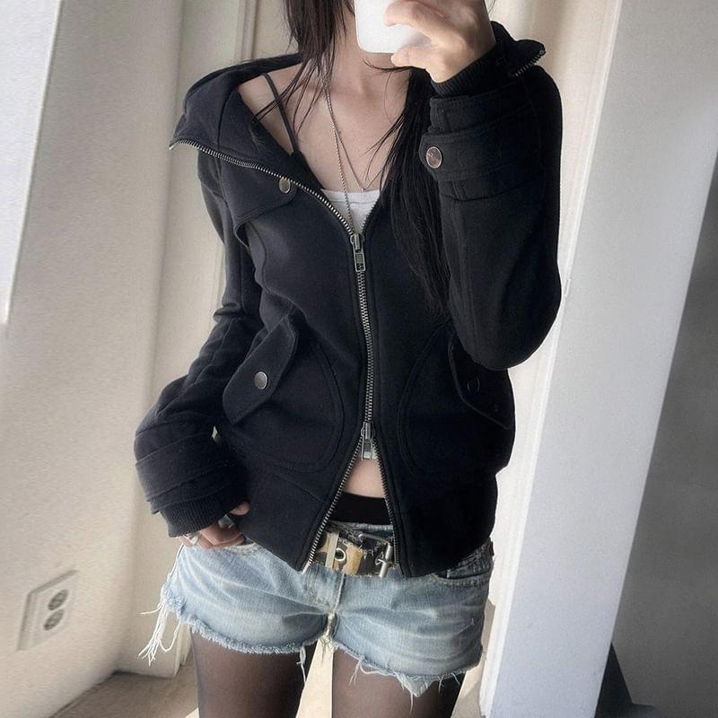 Long Sleeve Stand Collar Plain Zip-Up Jacket Product Image